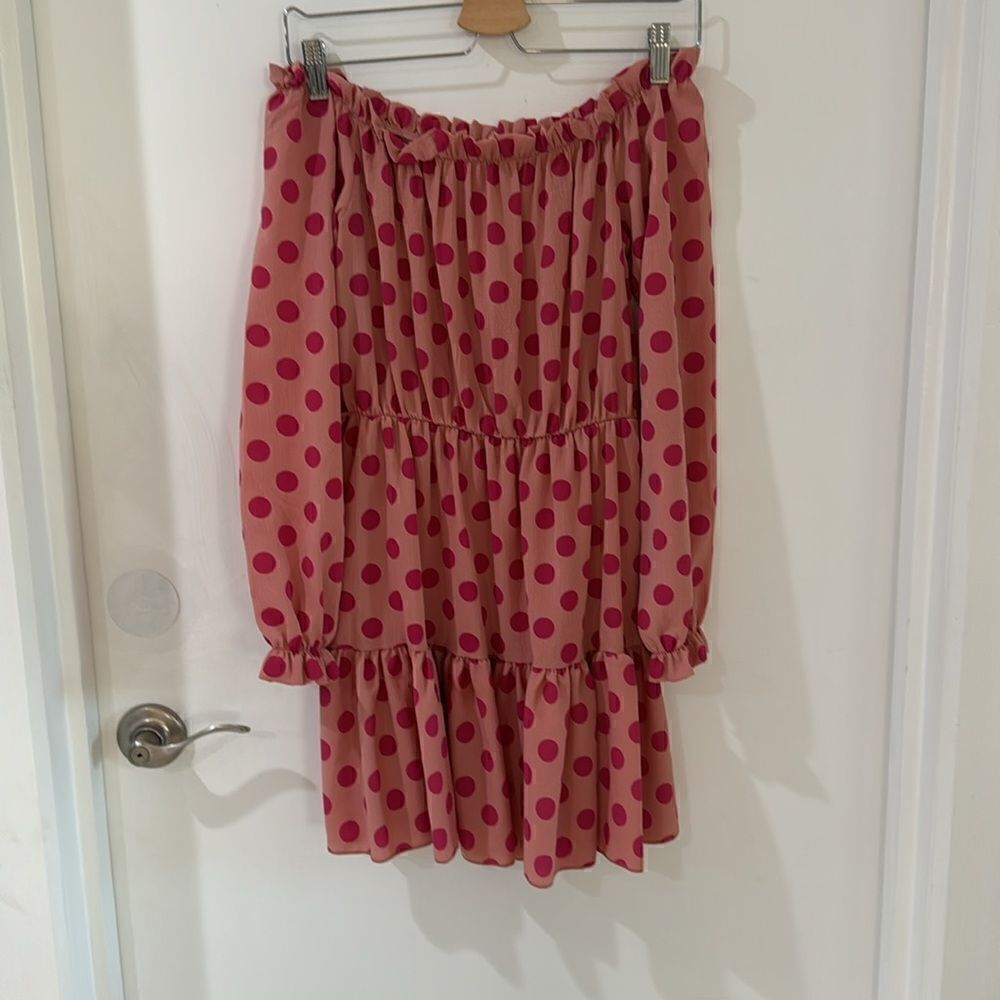 PRETTY LITTLE THING pink polka dot ruffle off shoulder dress empire waist belt 6 - Picture 7 of 10
